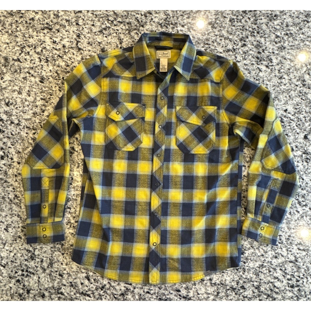 LL Bean Katahdin Performance Flannel Shirt Mens Small Regular Blue Yellow Plaid